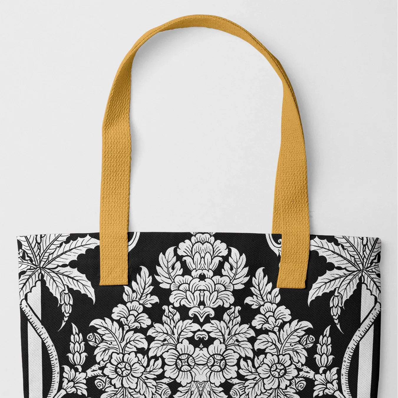 Midnight Oasis Tote Bag - black And White - Heavy Duty Reusable Grocery Bag - Yellow Handles - Shopping Totes