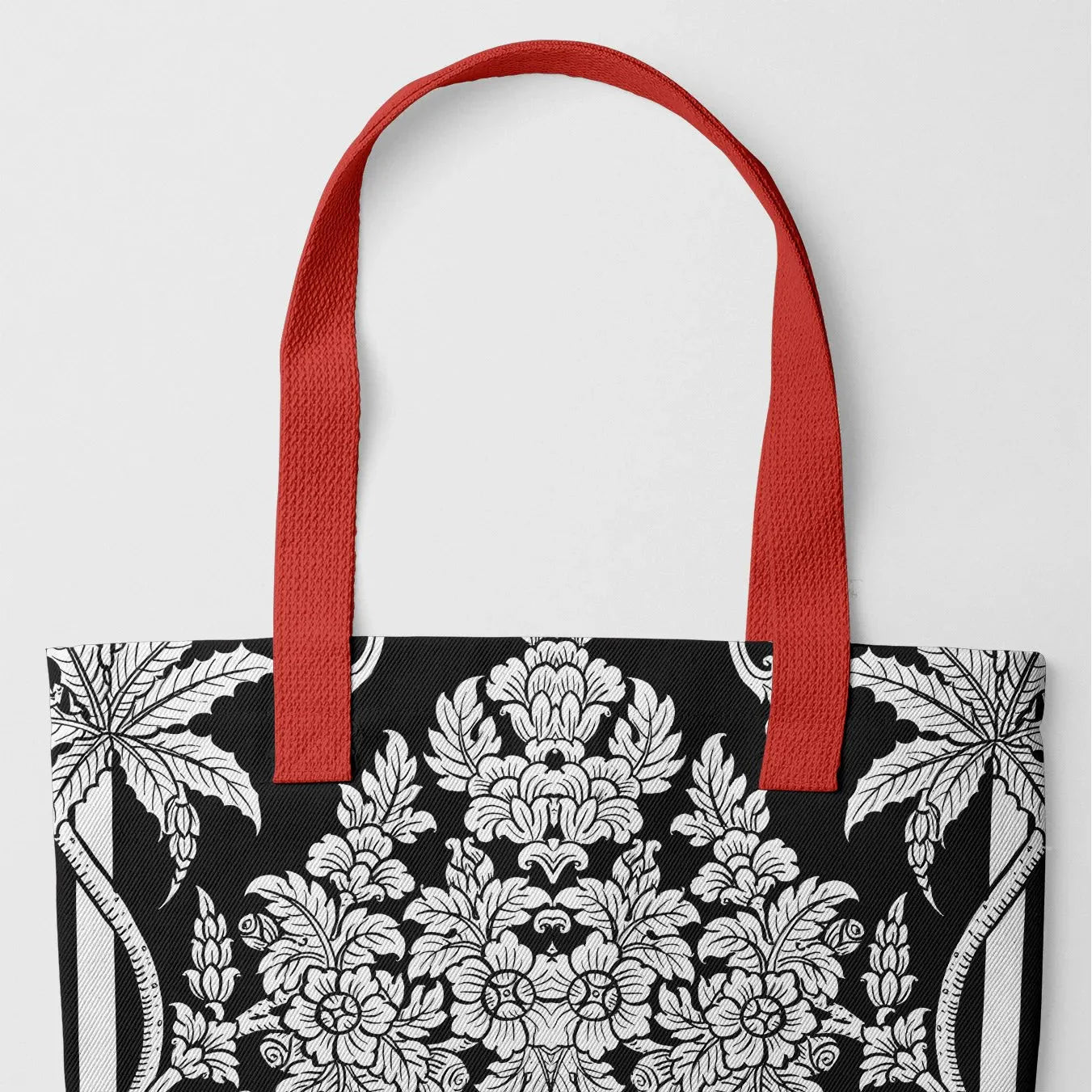 Midnight Oasis Tote Bag - black And White - Heavy Duty Reusable Grocery Bag - Red Handles - Shopping Totes - Aesthetic