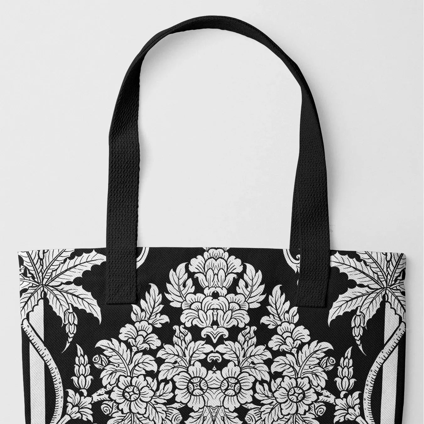 Midnight Oasis Tote Bag - black And White - Heavy Duty Reusable Grocery Bag - Black Handles - Shopping Totes