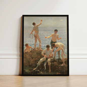 Midsummer Morning - Henry Scott Tuke Art Print / Canvas Black-framed Classical Painting Young Men Seaside, Arrests, Five, Clustered,