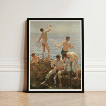 Midsummer Morning - Henry Scott Tuke Art Print / Canvas Black-framed Classical Painting Young Men Seaside, Arrests, Five, Clustered,