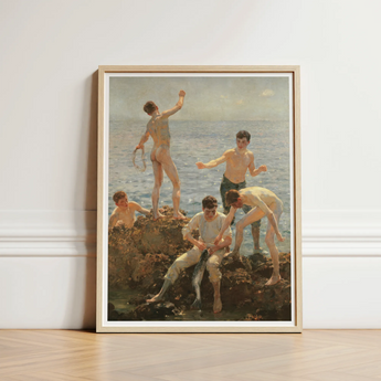 Midsummer Morning - Henry Scott Tuke Art Print / Canvas Framed Classical Painting Five Nude Semi-nude, Arrests, Young Men, Clustered,