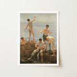 Midsummer Morning - Henry Scott Tuke Art Print / Canvas, Arrests, Five Young Men, Clustered, Atlantic’s Pearl-grey Expanse Prints