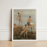 Midsummer Morning - Henry Scott Tuke Art Print / Canvas White-framed Classical Painting Five Nude Semi-nude, Arrests, Young Men, Clustered,