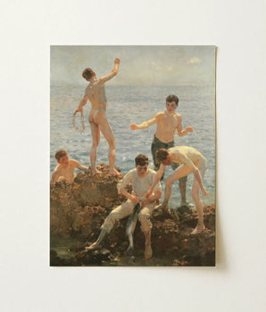Rectangular Framed Print Classical Painting Five Nude Partially Henry Scott Tuke, Midsummer Morning, Arrests, Young Men, Clustered,
