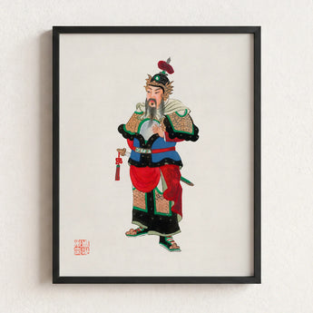 Framed Traditional Chinese Painting Bearded Warrior Ornate Armor Three Kingdoms Lore, Qing Dynasty Manchu, Opera-worthy Warlord