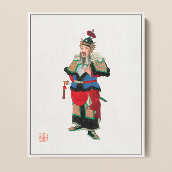 Framed Traditional Chinese Painting Bearded Warrior Ornate Red Three Kingdoms Lore, Qing Dynasty Manchu, Opera-worthy Warlord