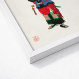 Framed Traditional Chinese Illustration Warrior Vibrant Red Blue Three Kingdoms Lore, Qing Dynasty Manchu, Opera-worthy Warlord