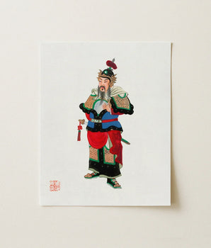 Vibrant Traditional Chinese Warrior Illustration Printed White Cardstock Three Kingdoms Lore, Qing Dynasty Manchu, Opera-worthy Warlord