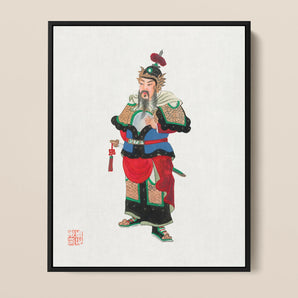 Military Commander - Qing Dynasty Fashion Framed Canvas, Traditional Chinese Painting Bearded Warrior Deity Figure Ornate
