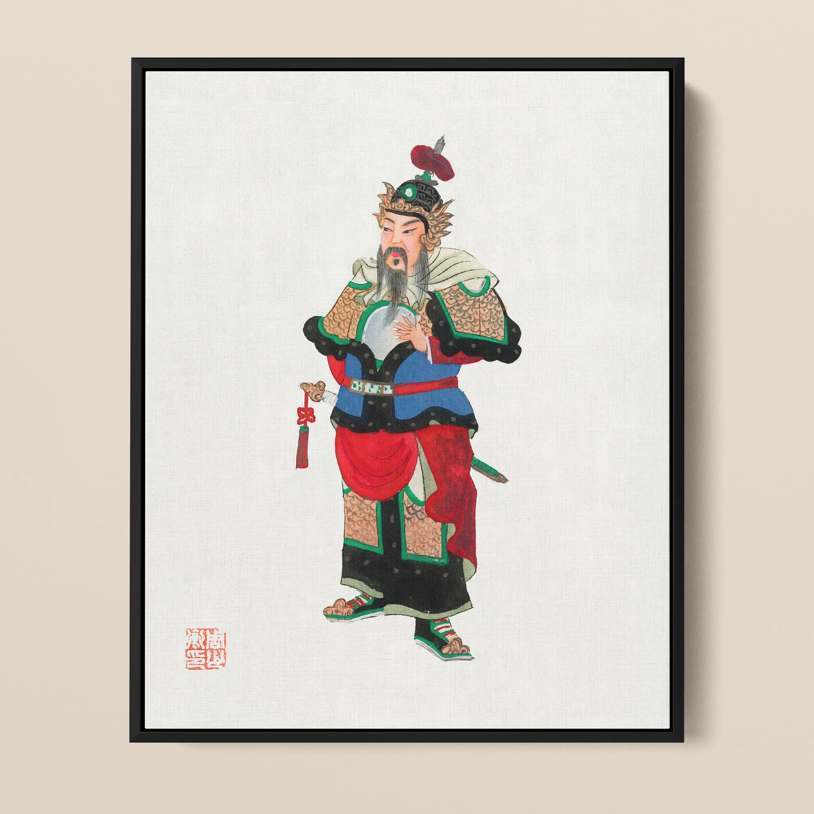 Military Commander Qing Dynasty Fashion Framed Canvas, Traditional Chinese Painting Bearded Warrior Deity Figure Ornate