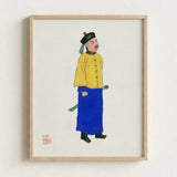 Framed Traditional Chinese Portrait Man Vibrant Yellow Blue Qing Dynasty Manchu, Citrine-clad Sentinel, Fashion Art