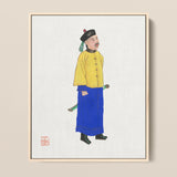 Framed Traditional Chinese Portrait Man Vibrant Yellow Blue Qing Dynasty Manchu, Citrine-clad Sentinel, Fashion Art