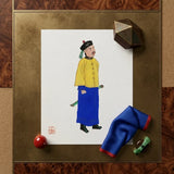 Traditional Chinese Portrait Print Man Vibrant Yellow Blue Qing Dynasty Manchu, Citrine-clad Sentinel, Fashion Art