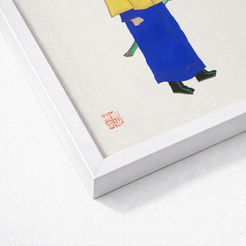 Framed Artwork Stylized Illustration Figure Vibrant Yellow Blue Qing Dynasty Manchu, Citrine-clad Sentinel, Fashion Art