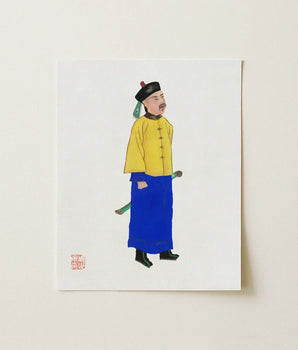 Traditional Chinese Portrait Print Man Vibrant Yellow Blue Qing Dynasty Manchu, Citrine-clad Sentinel, Fashion Art