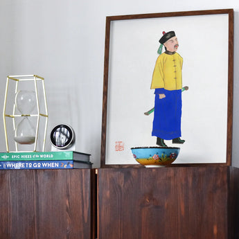 Military Man - Manchu Fashion Art Print, Framed Illustration Person Yellow Blue Skirt Bowl