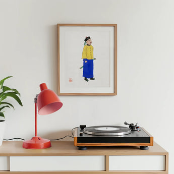 Military Man - Manchu Fashion Art Print, Framed Illustration Person Yellow Jacket Blue Pants