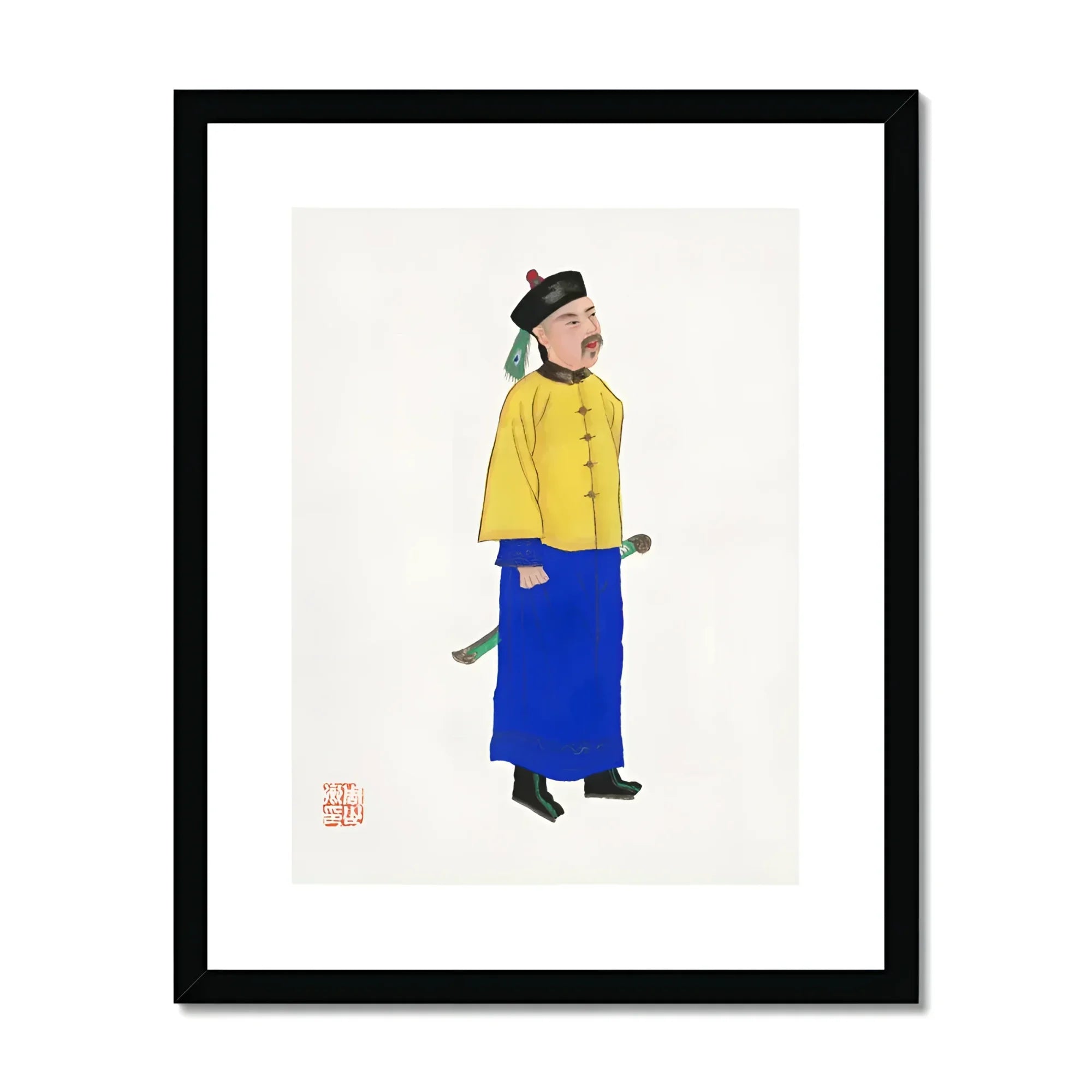 Military Man - Manchu Fashion Art Print, Illustration Person Traditional Chinese Clothing Yellow Jacket Blue