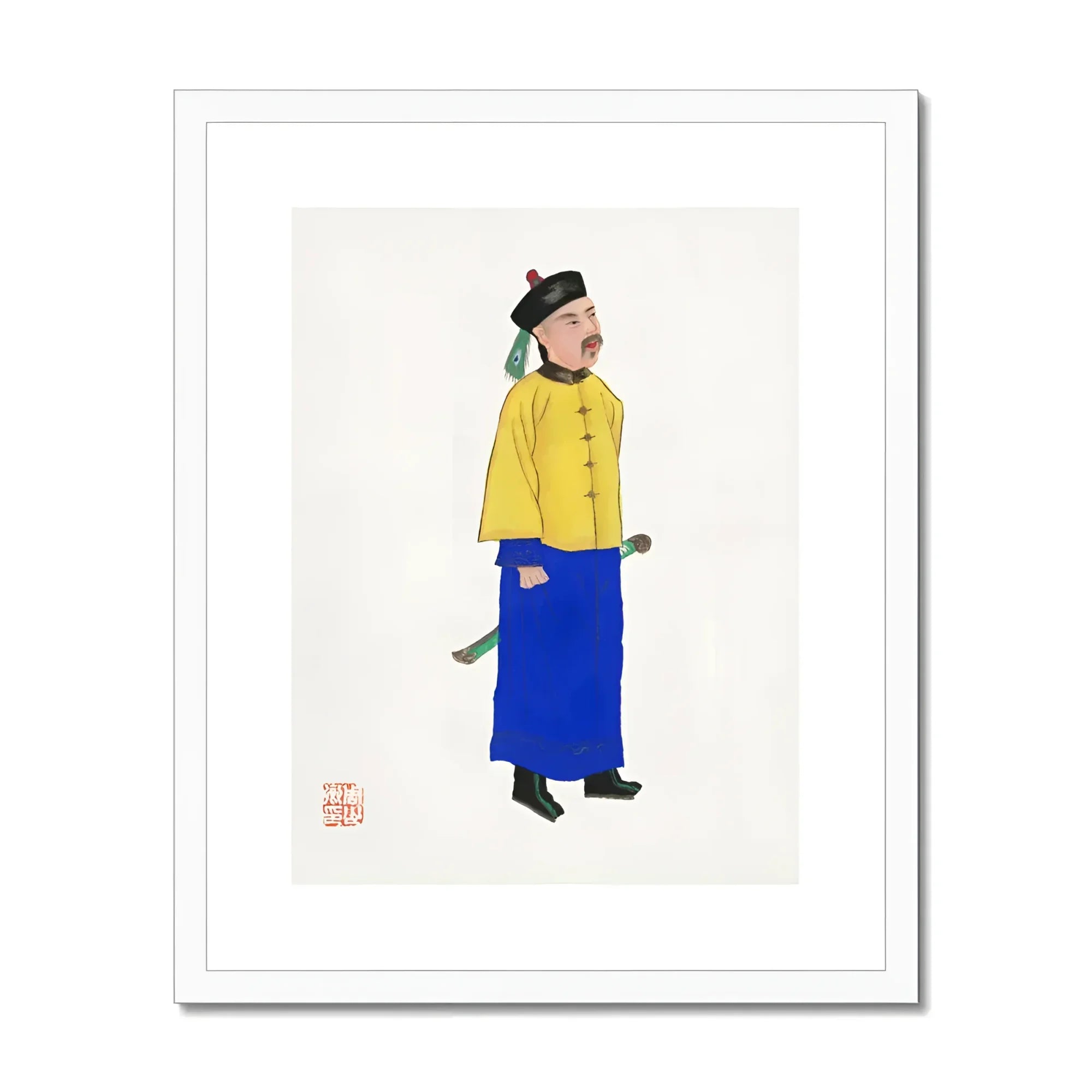 Military Man - Manchu Fashion Art Print, Simple Illustration Person Yellow Jacket Blue Pants Black