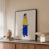 Military Man - Qing Dynasty Framed Canvas, Framed Artwork Figure Yellow Jacket Blue Pants Beret