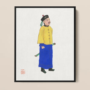 Military Man - Qing Dynasty Framed Canvas, Painting Chinese Man Traditional Clothing Yellow Blue Skirt