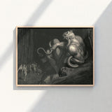 Framed Black-and-white Muscular Crowned Demonic Figure Serpentine Tails Gustave Dore Art, Minos Coils, Counting Device