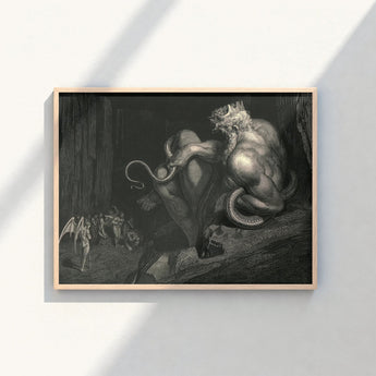 Framed Black-and-white Muscular Crowned Demonic Figure Serpentine Tails Gustave Dore Art, Minos Coils, Counting Device