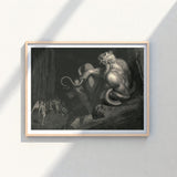 Framed Black-and-white Print Dramatic Detailed Crowned Demonic Figure Gustave Dore Art, Minos Coils, Counting Device