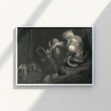 Framed Black-and-white Muscular Crowned Demonic Figure Serpentine Limbs Gustave Dore Art, Minos Coils, Counting Device