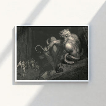 Framed Black-and-white Muscular Crowned Demonic Figure Serpentine Limbs Gustave Dore Art, Minos Coils, Counting Device