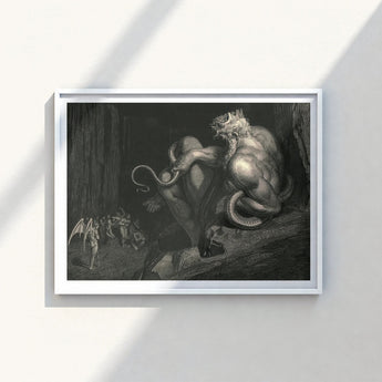 Black-and-white Framed Artwork Muscular Crowned Demon Serpentine Limbs Gustave Dore Art, Minos Coils, Counting Device