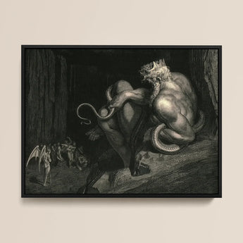There Minos Stands - Gustave Dore Art Print / Canvas Black-framed Artwork Muscular Crowned Demonic Figure Serpentine Tails Gustave Dore