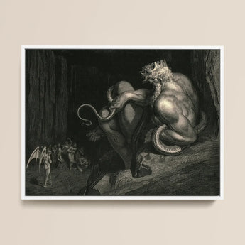 There Minos Stands - Gustave Dore Art Print / Canvas Black-and-white Framed Artwork Muscular Crowned Demonic Figure Serpentine Gustave Dore
