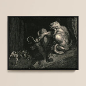 There Minos Stands - Gustave Dore Framed Canvas, 16x12’’ / 41x31cm / Black Floating Frame, Framed Dark Detailed Illustration Mythological