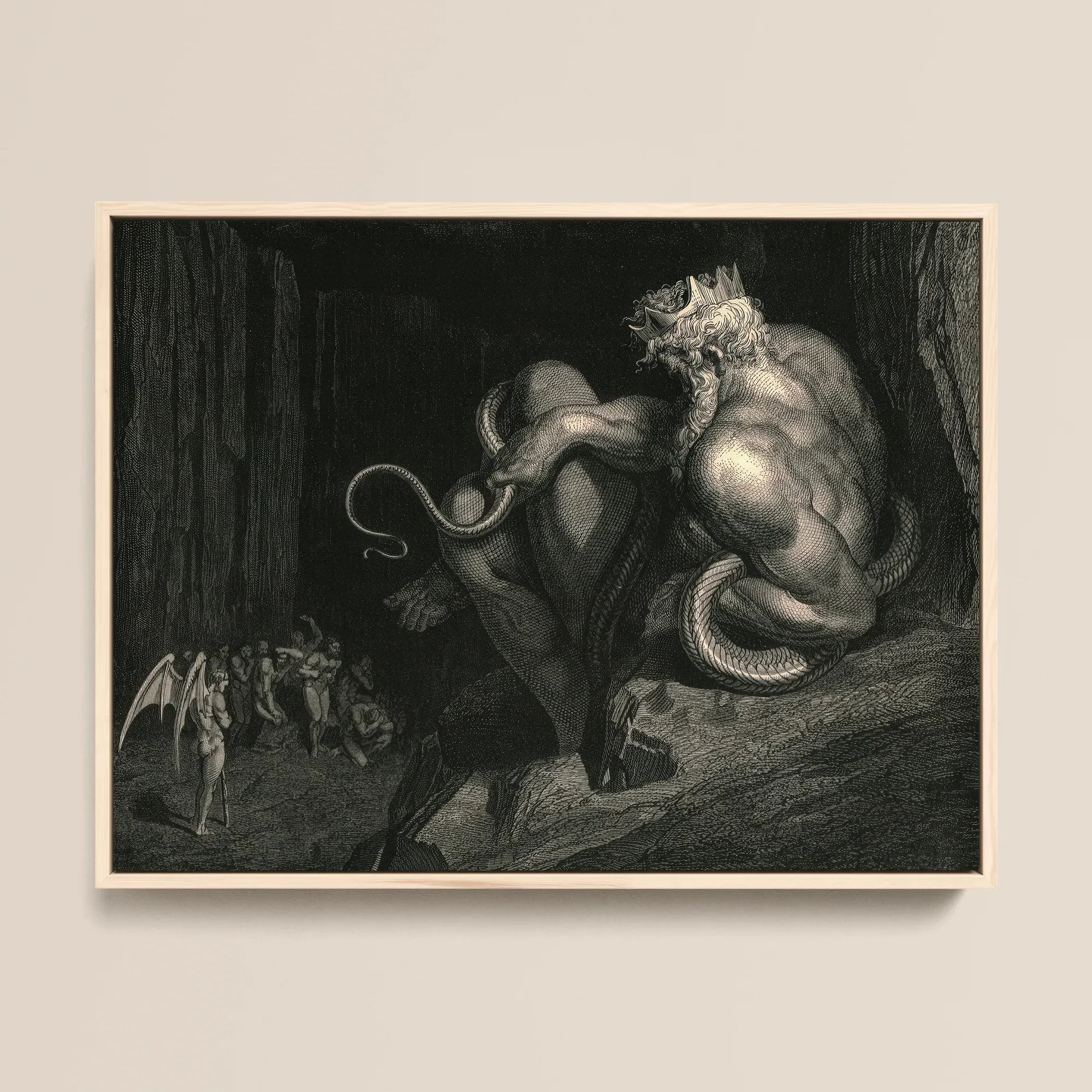 There Minos Stands - Gustave Dore Framed Canvas, 16x12’’ / 41x31cm / Natural Floating Frame, Framed Print Mythical Scene