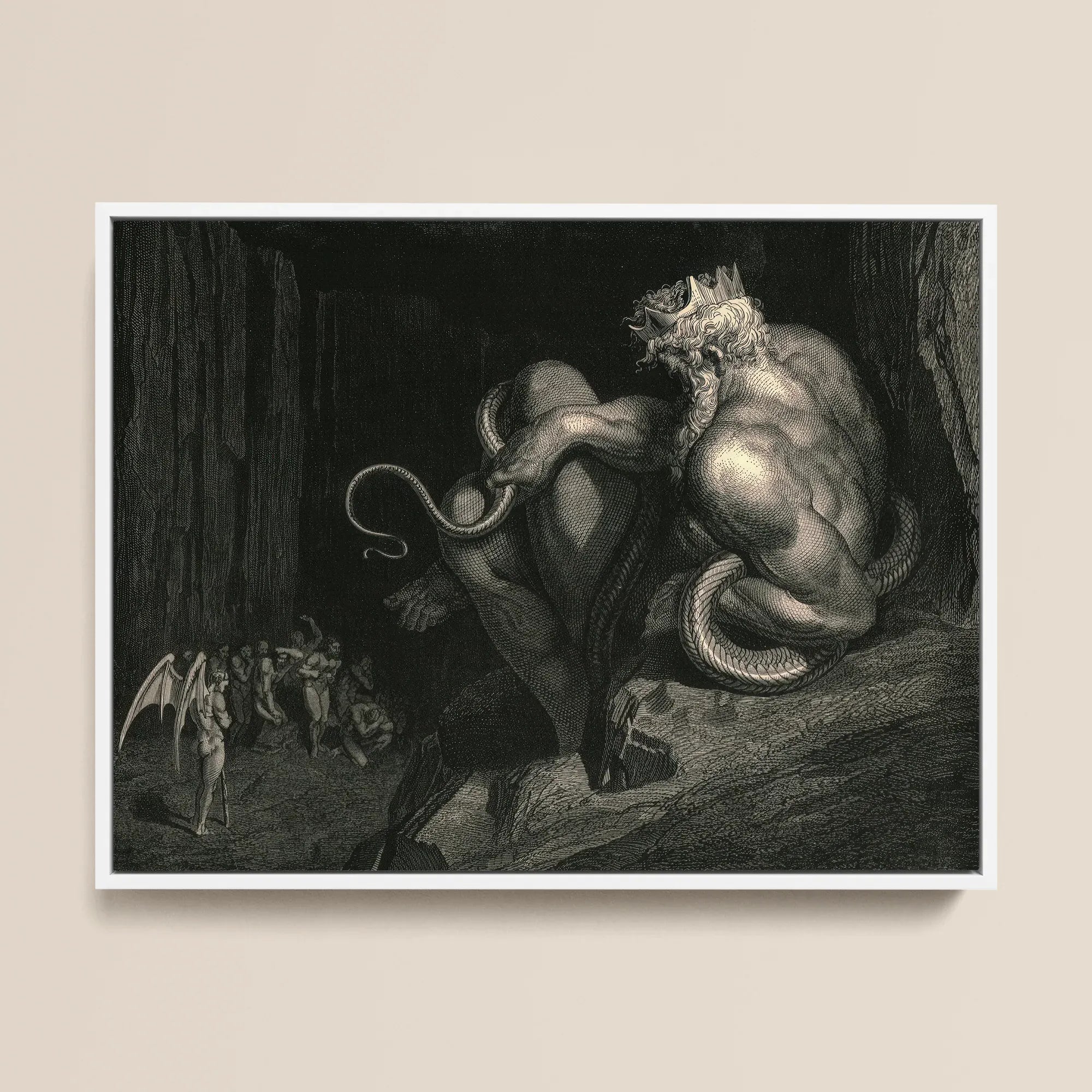 There Minos Stands - Gustave Dore Framed Canvas, 16x12’’ / 41x31cm / White Floating Frame, Mythological Biblical Scene Winged Figure Horned