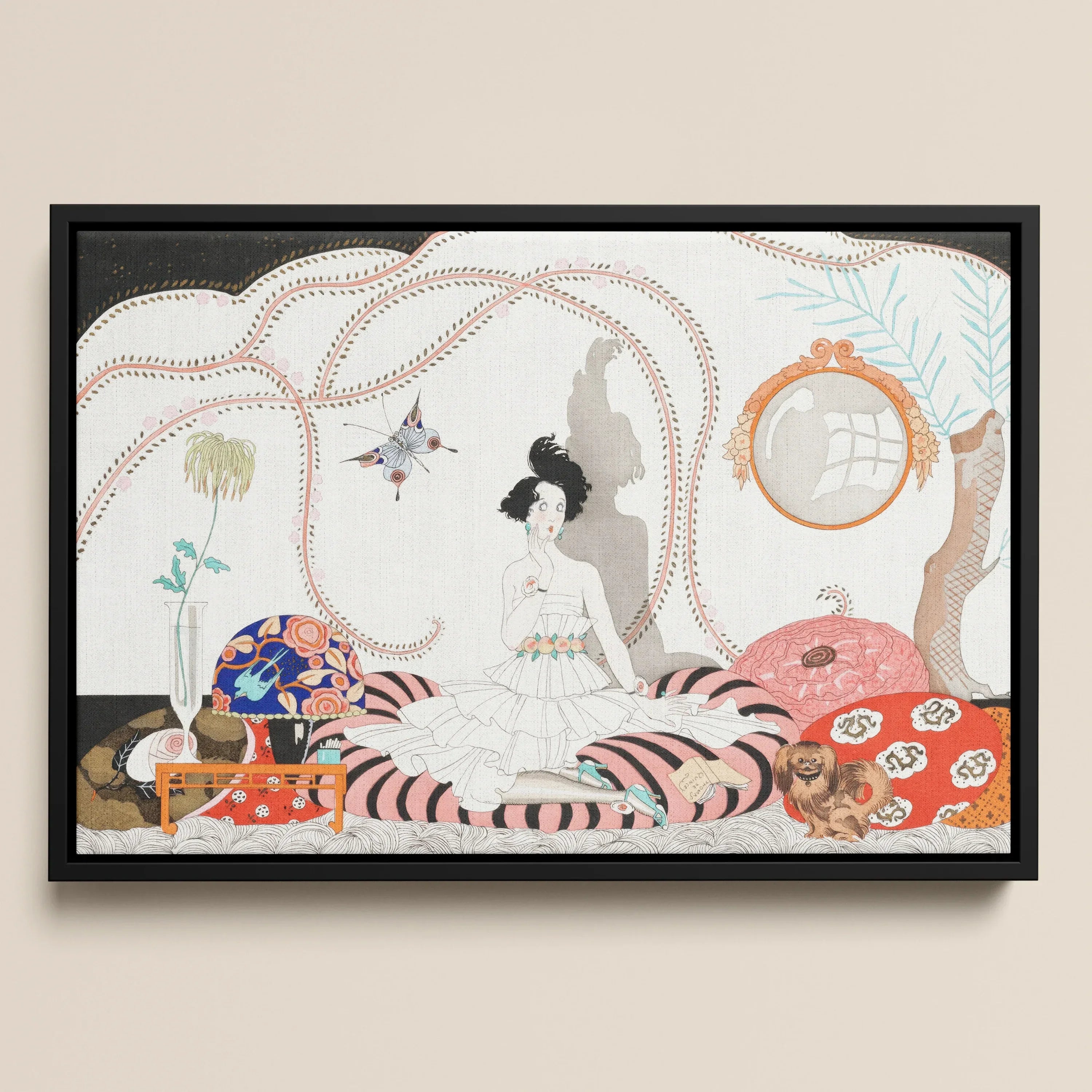 Minuit - George Barbier 1920s Fashion Art Framed Canvas, Framed Artwork Stylized Scene Figure Decorative Elements Animals