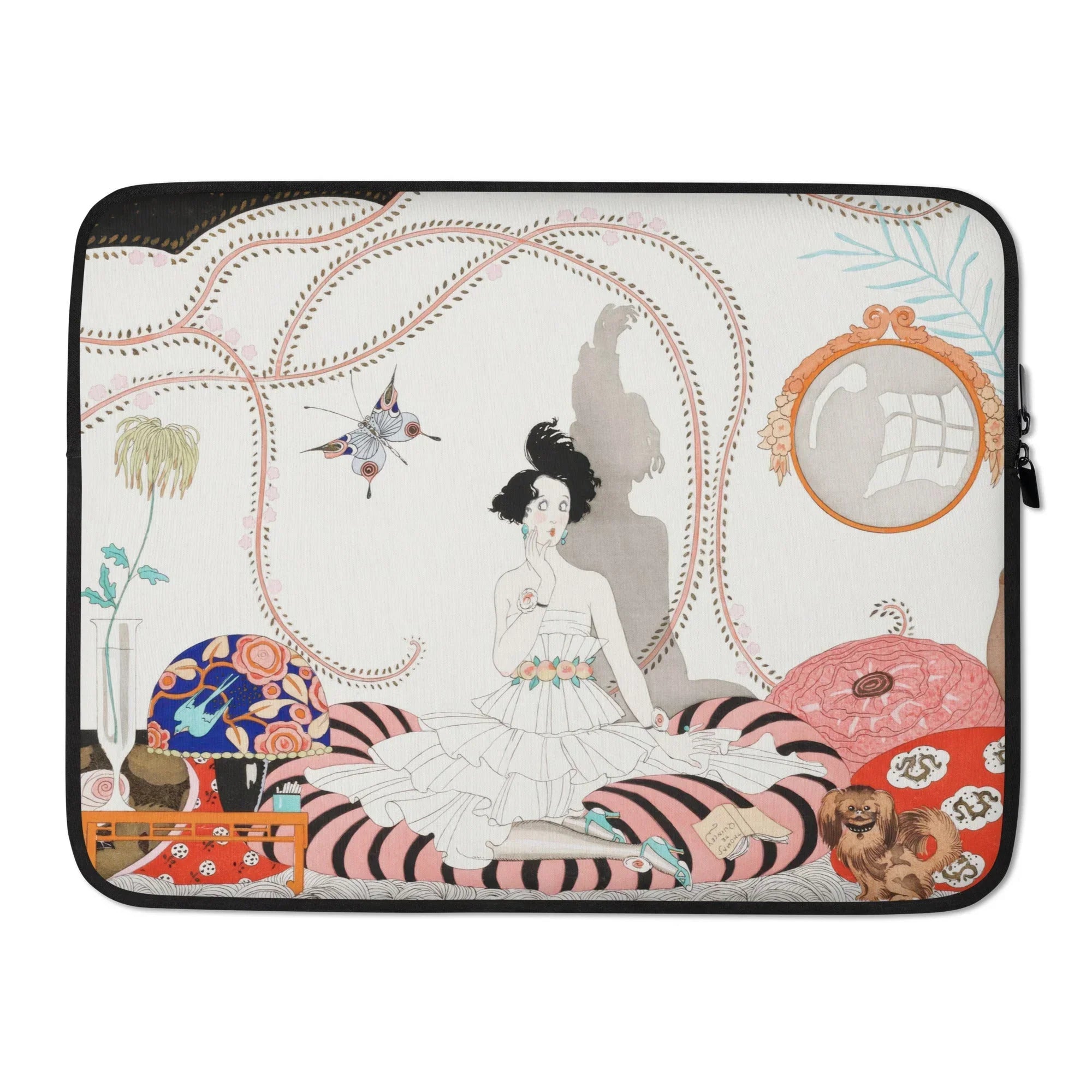 Minuit - George Barbier 1920s Fashion Art Laptop Sleeve, Decorative Laptop Sleeve Whimsical Illustrated Scene Woman White