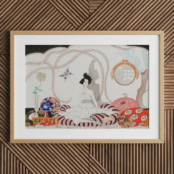 Minuit - George Barbier 1920s Fashion Art Print / Canvas Framed Illustration Woman White Dress Seated Striped Cushions George Barbier’s