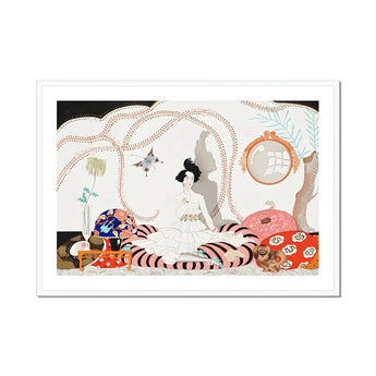 Minuit - George Barbier 1920s Fashion Art Print, Art Print Figure Striped Dress Among Decorative Cushions