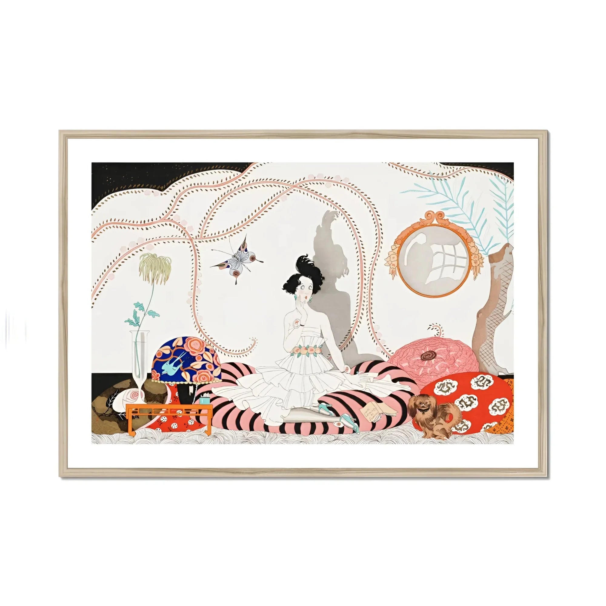 Minuit - George Barbier 1920s Fashion Art Print, Art Print Figure White Dress Striped Cushions Amid