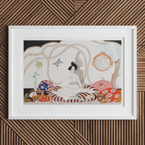 Minuit - George Barbier 1920s Fashion Art Print, Framed Embroidery Artwork Stylized Figure Surrounded Decorative Elements