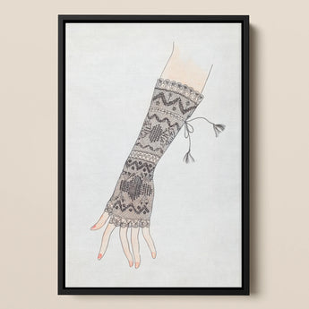 Mitt Lillian Causey 1930s Fashion Art Framed Canvas, Intricately Patterned Arm Warmer Fingerless Glove Delicate Tassels