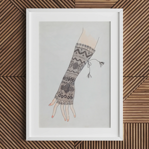 Mitt - Lillian Causey 1930s Fashion Art Print, Framed Artwork Knitted Arm Warmer Intricate Geometric Patterns
