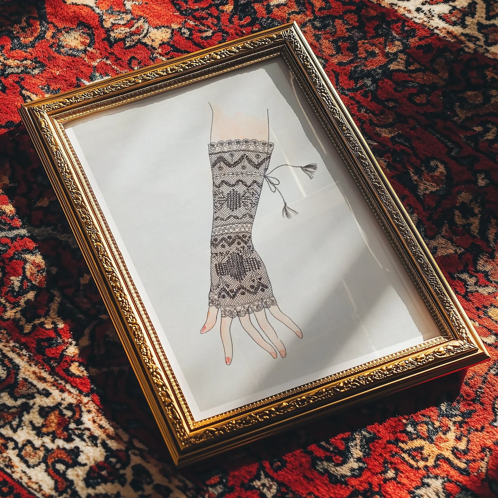 Framed hand drawing of 1930s lace gloves fashion art print for modern rococo era decor