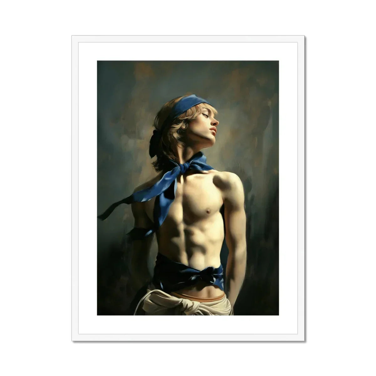 Molly Neoclassical Femboy Sailor Art Print, Artistic Portrait Photograph Shirtless Figure Blue Head Scarf
