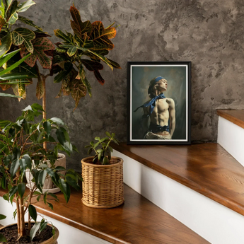 Molly - Neoclassical Femboy Sailor Art Print / Canvas Black-framed Portrait Muscular Man Blue Headscarf Sash Wooden Femboy Sailor Art,