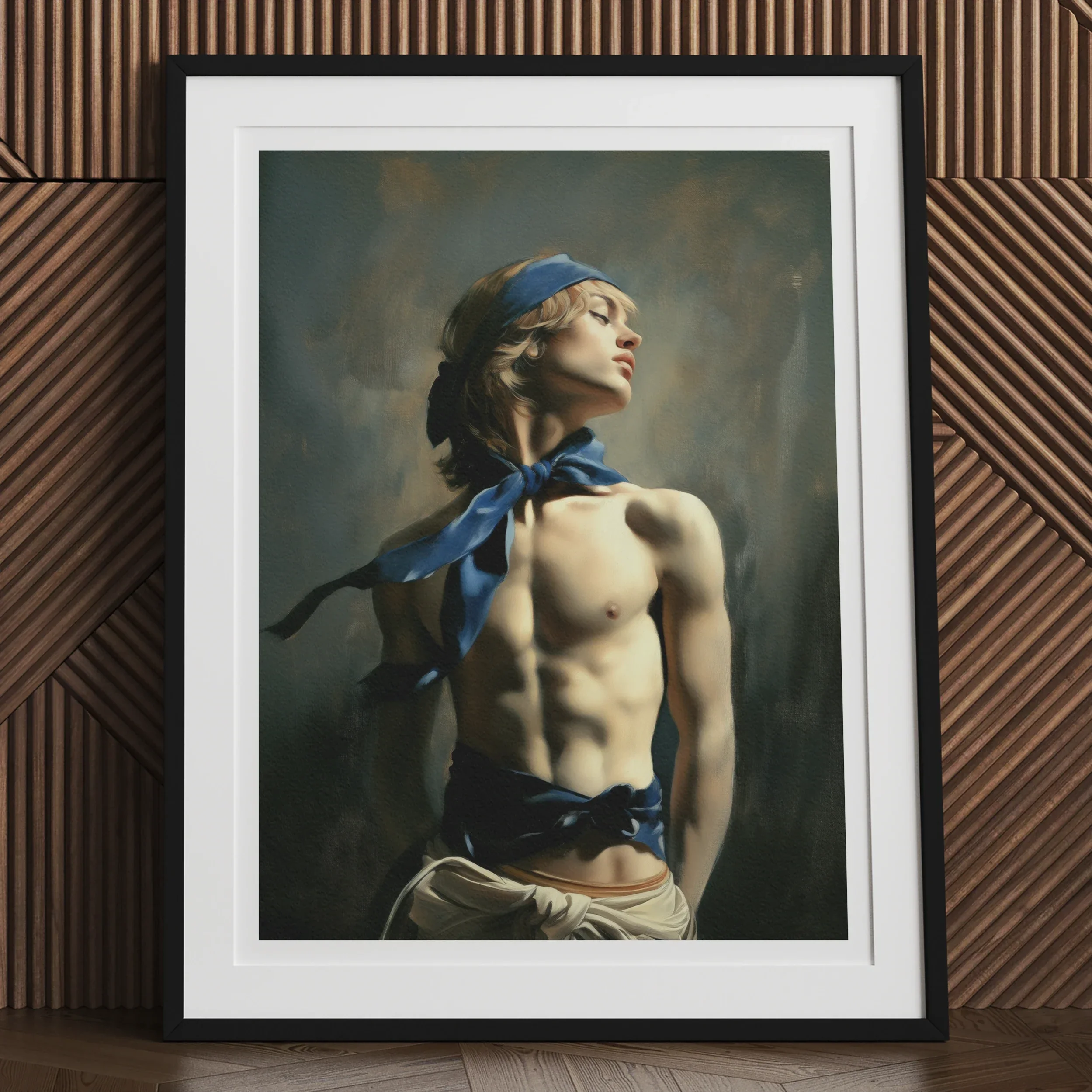 Molly - Neoclassical Femboy Sailor Art Print, Framed Portrait Photograph Shirtless Person Blue Headscarf Ribbon
