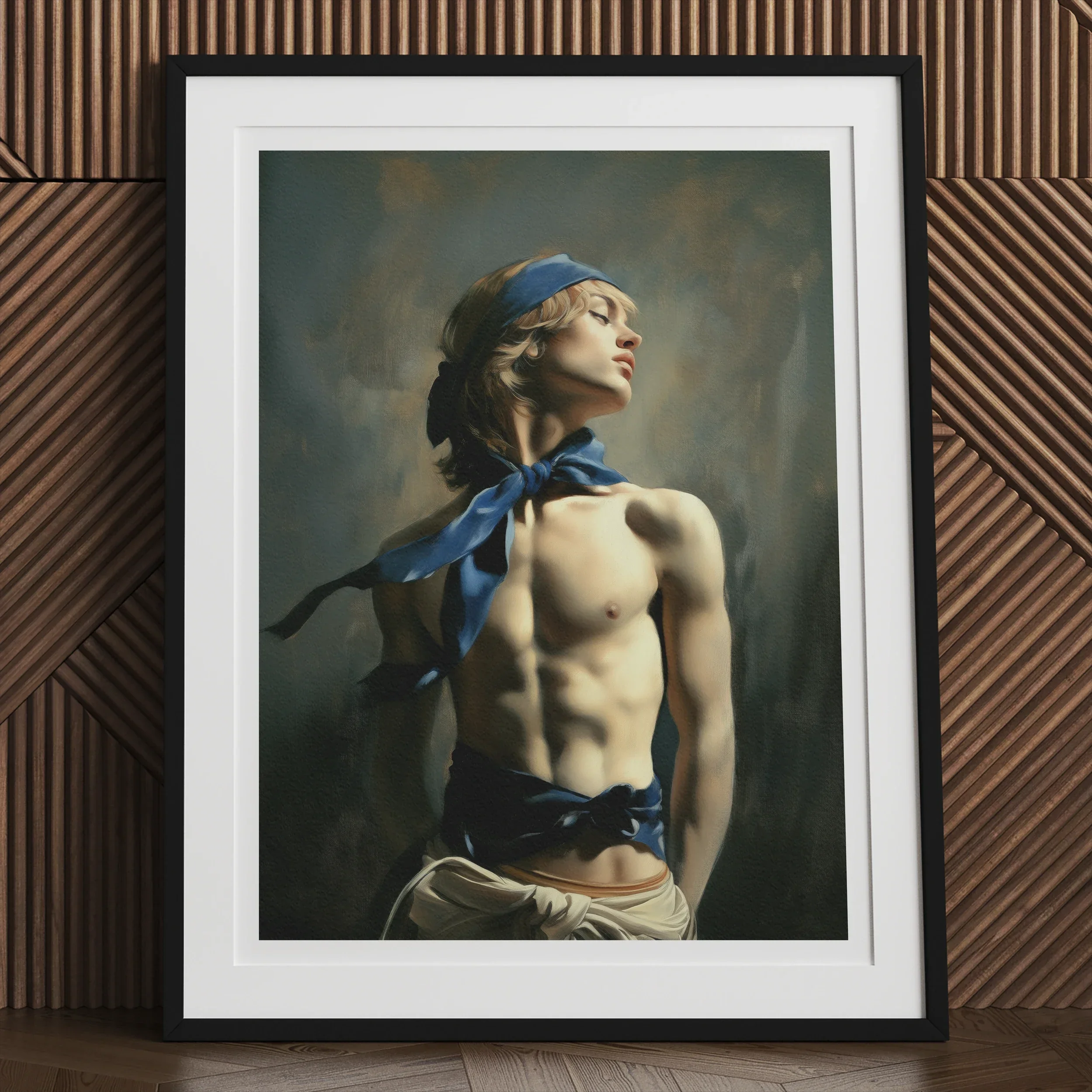 Molly - Neoclassical Femboy Sailor Art Print, Framed Portrait Photograph Shirtless Person Blue Headscarf Ribbon